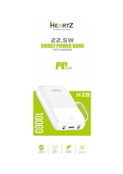 H28 10000 Mh Pd 20W ve USB 22.5W Fast Hızlı Şarj Dahili Type C ve Lightning Kablolu Dünya Standartlarına Uygun Polymer Batarya Birebir Amper LCD Göstergeli Powerbank