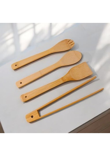 Bambu Servis ve Spatula Seti 4'lü Set, 4 Adet Bambu Servis Seti - Rustik Şıklıkla Sofranızı Tamamlayın! Ahşap Servis ve Spatula Seti 4'lü Set