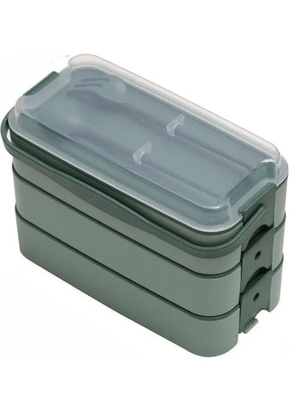 Home 1260 ml 3 Katlı 6 Bölmeli Bpa'sız Pp Plastik Sefer Taşıma ve Beslenme Çantası, Kilitli Bento Lunch Box, Mikrodalgaya Uygun, Çatal ve Kaşık Dahil (Yeşil)