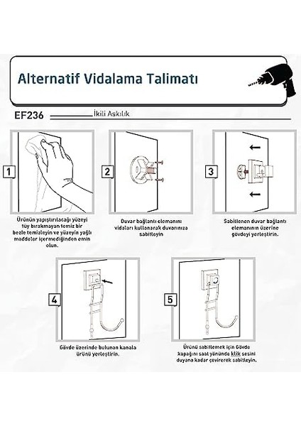 Delme Vida Matkap Yok! Easyfıx Yapıskanlı Ikili Askı Mat Siyah EF236