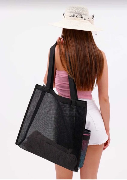 Geniş Hacimli Siyah Yazlık Deniz ve Plaj Çantası, Kum Tutmayan File Tasarım