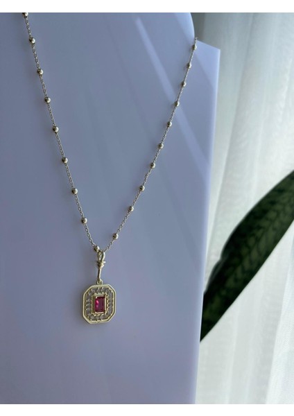 Kırmızı Taşlı Pirinç Gold Kolye