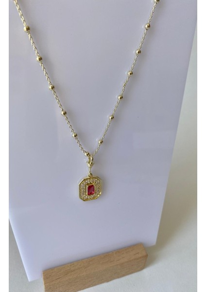Kırmızı Taşlı Pirinç Gold Kolye fırsatları