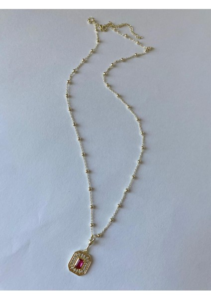 Kırmızı Taşlı Pirinç Gold Kolye