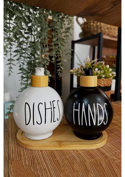 2’li Hands Dishes Soft Siyah Beyaz Dekoratif Mutfak Banyo Sıvı Cam Sabunluk Seti 500ML Bambu Stantlı Set