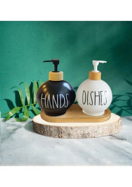 2’li Hands Dishes Soft Siyah Beyaz Dekoratif Mutfak Banyo Sıvı Cam Sabunluk Seti 500ML Bambu Stantlı Set modelleri
