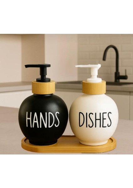 2’li Hands Dishes Soft Siyah Beyaz Dekoratif Mutfak Banyo Sıvı Cam Sabunluk Seti 500ML Bambu Stantlı Set fırsatları