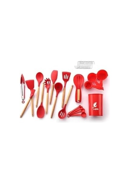 Mikla Isıya Dayanıklı Yanmaz Yapışmaz 33 Parça Silikon Spatula Mutfak Seti Kırmızı