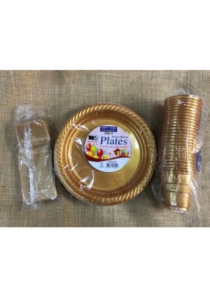 Altın Renkli 25 Parça Tabak Bardak Çatal Seti, Şık ve Dayanıklı Plastik Set