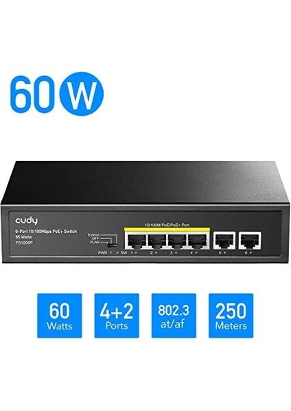 FS1006P 6 Portlu Ethernet Poe+Yönetilmeyen Anahtar, 4 x Poe+@ 60W, 802.3AF, 802.3AT, Cctv Modu, Sağlam Metal Fansız Muhafaza, Tak ve Çalıştır