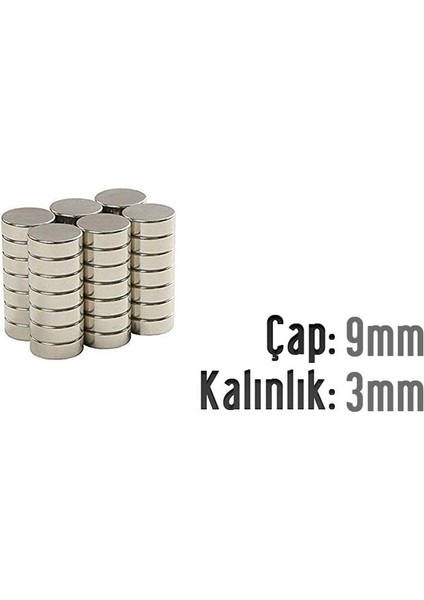 Neodyum Mıknatıs Silindir Çap 9mm , Kalınlık 3mm ( 10 Adet)