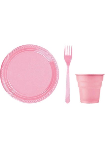 Pembe Plastik Tabak, Bardak ve Çatal Seti, 25 Kişilik, Şık ve Dayanıklı Paket