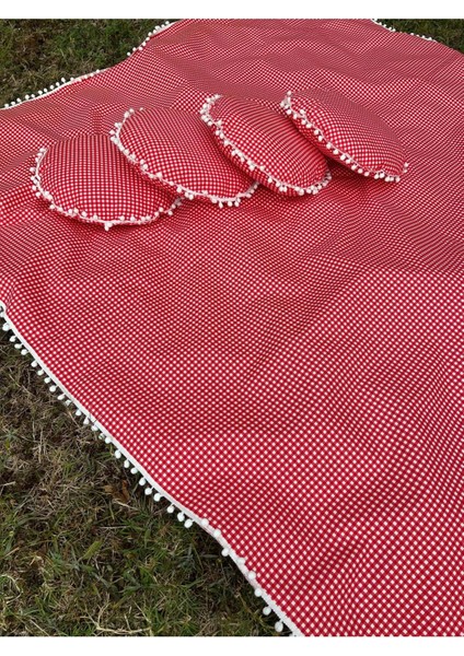 Ponponlu, Sıvı Geçirmez Keten Masa Örtüsü 170X170 ve 4 Yuvarlak Minder, Elde Yıkanabilir