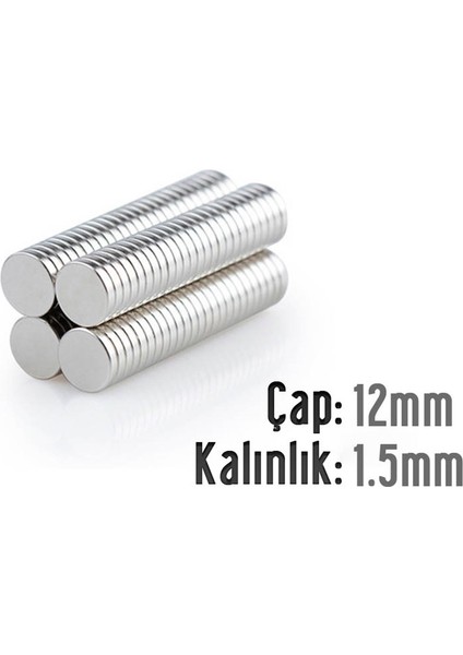 Neodyum Mıknatıs Silindir Çap 12MM , Kalınlık 1.5mm ( 10 Adet)