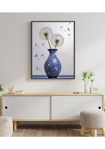 Metal Çerçeveli Gerçek Camlı Tablo Çini Vazo ve Karahindiba Çiçeği