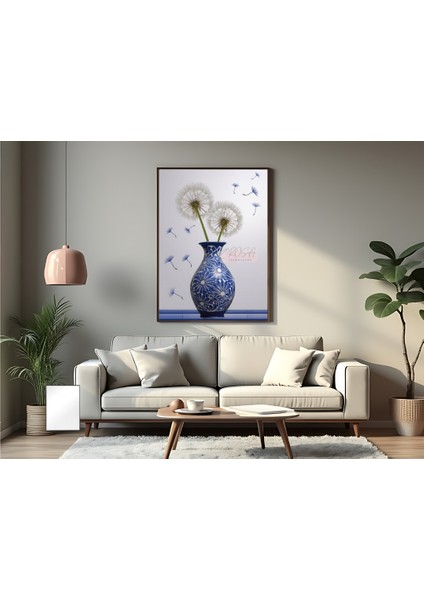 Metal Çerçeveli Gerçek Camlı Tablo Çini Vazo ve Karahindiba Çiçeği fiyatları