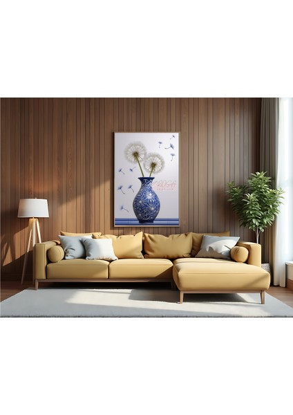 Metal Çerçeveli Gerçek Camlı Tablo Çini Vazo ve Karahindiba Çiçeği modelleri