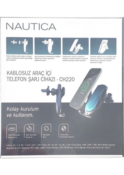 Nautica 15W Hızlı Kablosuz Araç Içi Şarj Cihazı ve Telefon Tutucu