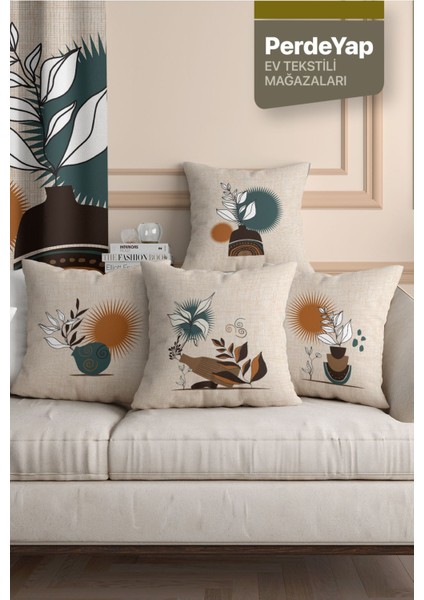 Kuraklık ve Kır Çiçekleri Desenli 4lü Dijital Baskılı Kırlent Yastık Kılıfı 43X43 cm Krem 015