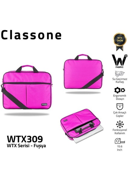 WTX309 Wtxpro serisi 15.6 Inch Uyumlu Su Geçirmez Kumaş , Laptop , Notebook El Çantası- Fuşya
