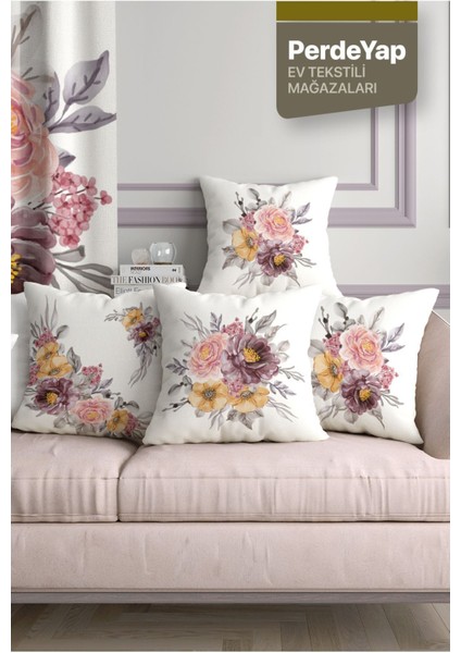 Krem Zemin Üzerine Güller Bahçesi Desenli 4lü Dijital Baskılı Kırlent Kılıfı 43 x 43 cm 040