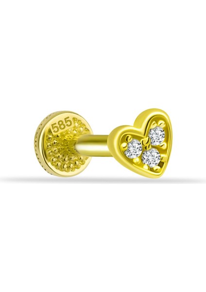 14 Ayar Altın Taşlı Kalp Minimal Tragus Piercing