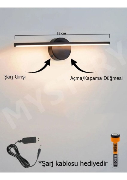 LED Şarjlı Pilli Modern Tasarım Siyah Eskitme Gün Işığı Banyo - Mutfak - Salon-Ofis Flüt Aplik