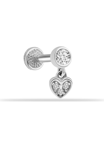 14 Ayar Altın Taşlı Kalp Sallantılı Minimal Tragus Piercing
