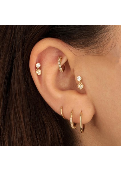 14 Ayar Altın Taşlı Kalp Sallantılı Minimal Tragus Piercing