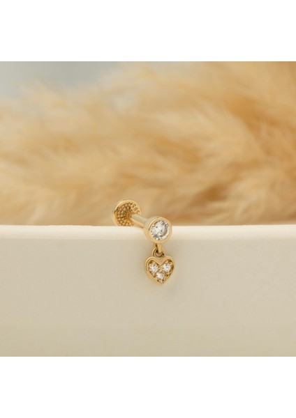 14 Ayar Altın Taşlı Kalp Sallantılı Minimal Tragus Piercing