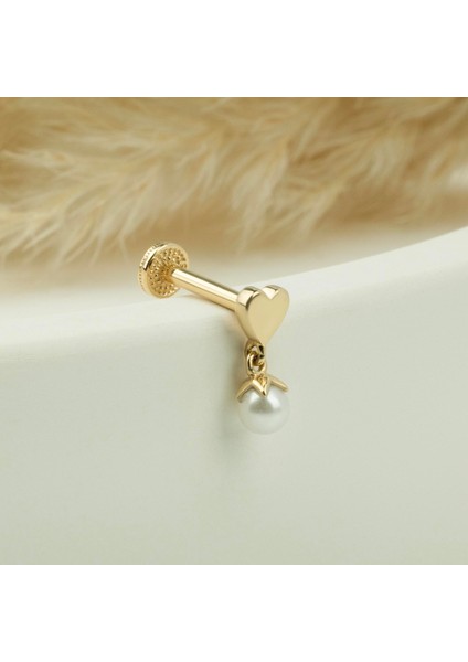 14 Ayar Altın Kalpli Inci Sallantılı Minimal Tragus Piercing