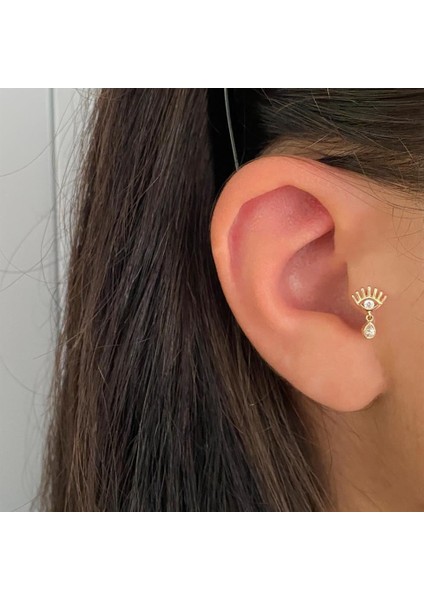 14 Ayar Altın Taşlı Sallantılı Göz Motifli Minimal Tragus Piercing