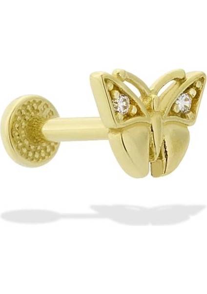 14 Ayar Altın Taşlı Kelebek Motifli Minimal Tragus Piercing