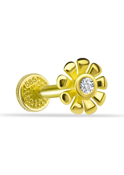 14 Ayar Altın Taşlı Çiçek Minimal Tragus Piercing