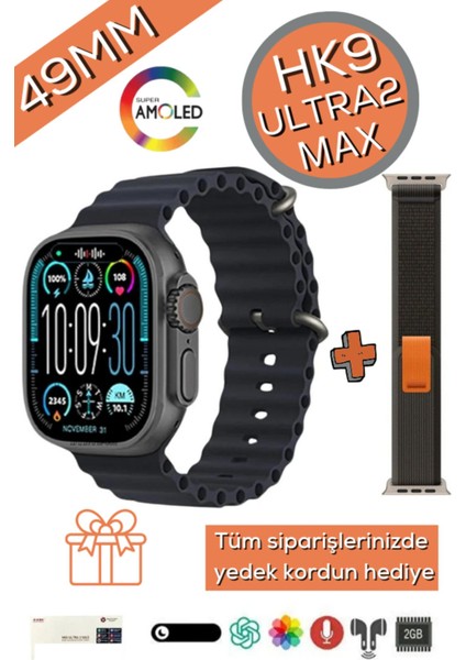 1 Yıl Watch 9 Hk9 Ultra 2 Max 2024 Yeni Versiyon Albüm, Kamera Izleme, Kulaklık Bağlanma(Kordon Hed