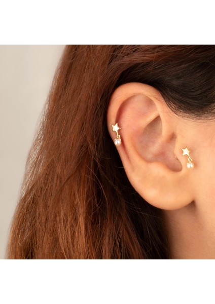 14 Ayar Altın Yıldızlı Inci Sallantılı Minimal Tragus Piercing