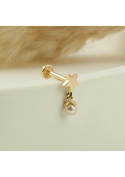 14 Ayar Altın Yıldızlı Inci Sallantılı Minimal Tragus Piercing
