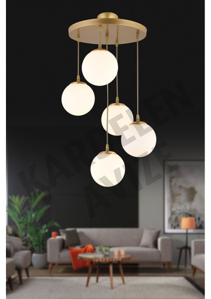 Sarkıt Tepsi Eskitme 5'li Beyaz Glop Camlı Lüks Avize