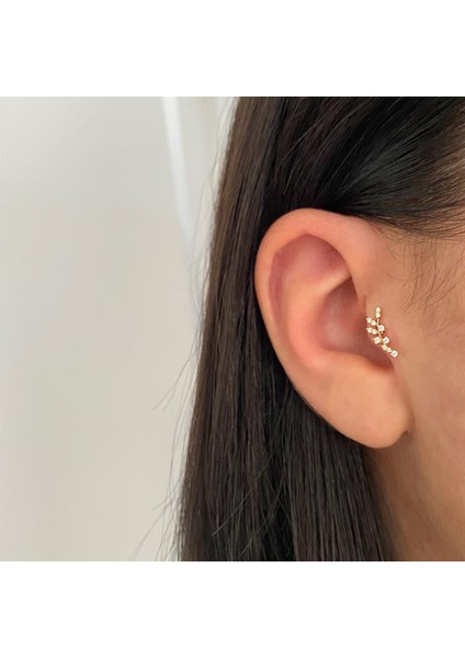 14 Ayar Altın Taşlı Yaprak Motifli Minimal Tragus Piercing