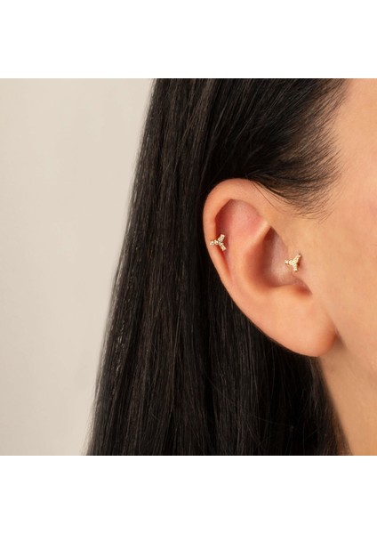 14 Ayar Altın Taşlı Boomerang Minimal Tragus Piercing