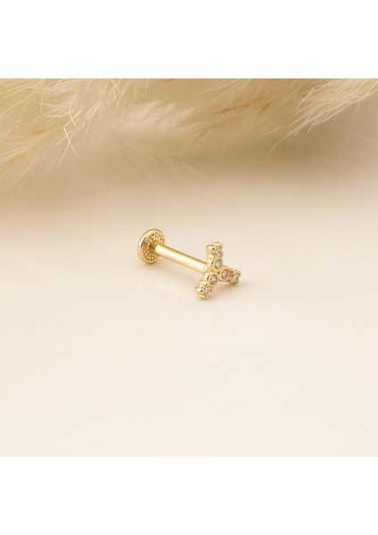 14 Ayar Altın Taşlı Boomerang Minimal Tragus Piercing