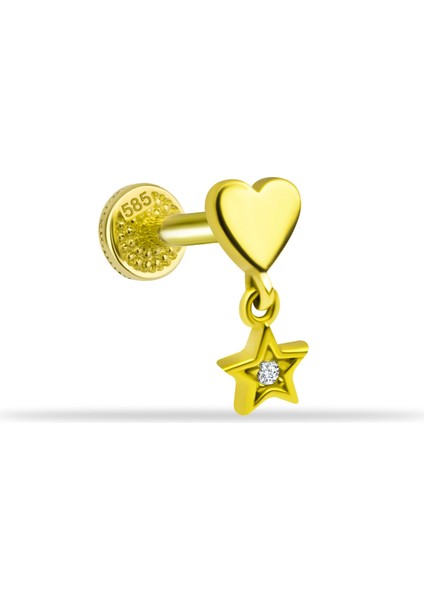 14 Ayar Altın Yıldız Sallantılı Kalp Motifli Minimal Tragus Piercing