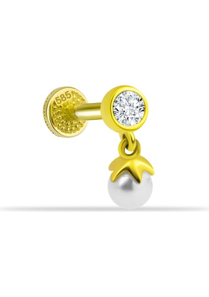 14 Ayar Altın Taşlı Inci Sallantılı Minimal Tragus Piercing