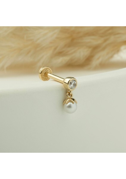 14 Ayar Altın Taşlı Inci Sallantılı Minimal Tragus Piercing