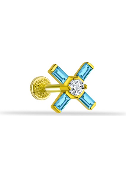 14 Ayar Altın Aqua Baget Taşlı Minimal Tragus Piercing