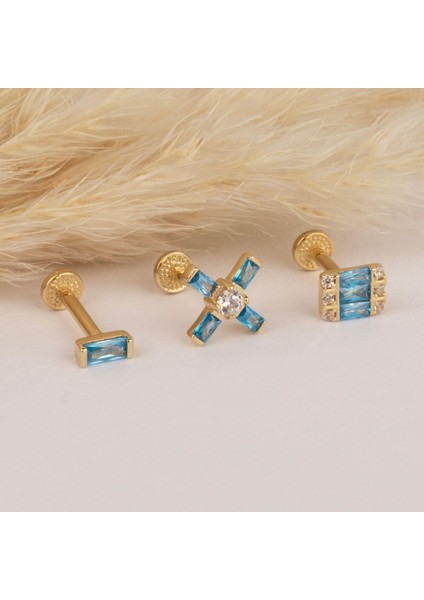 14 Ayar Altın Aqua Baget Taşlı Minimal Tragus Piercing