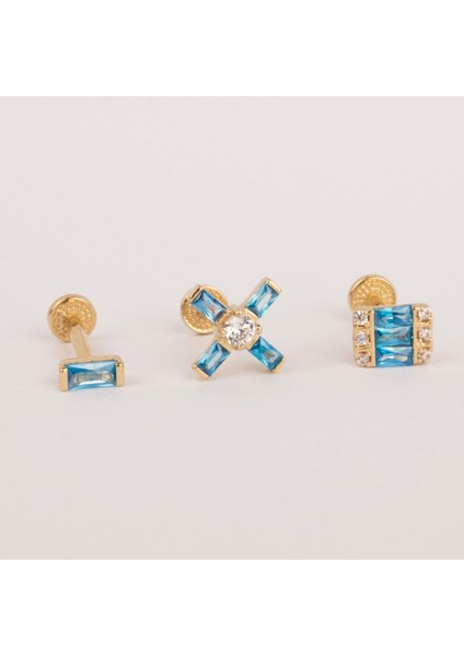 14 Ayar Altın Aqua Baget Taşlı Minimal Tragus Piercing