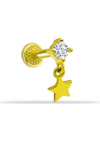 14 Ayar Altın Taşlı Yıldız Sallantılı Minimal Tragus Piercing