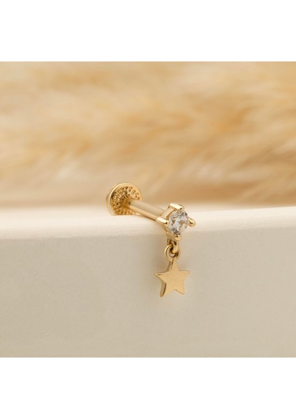 14 Ayar Altın Taşlı Yıldız Sallantılı Minimal Tragus Piercing