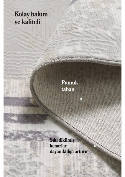 Modern Tasarımlı Pamuk Tabanlı Karo Mermer Desenli Saçaklı Krem Renkli Halı